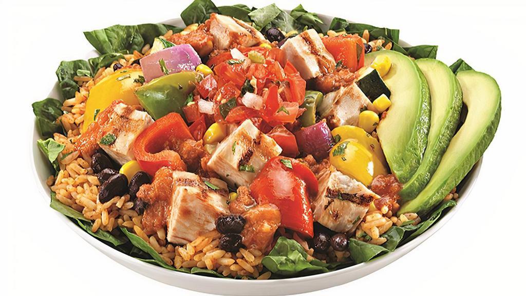 California Sunset Bowl · Grilled mesquite chicken and farm-fresh veggies on a bed of spinach, rice and black beans with Spicy Sunset sauce, salsa, cilantro and fresh sliced avocado.