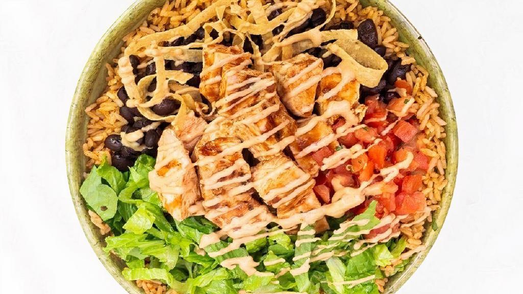 Crunchy Bbq Ranch · Grilled mesquite chicken, rice, black beans, BBQ sauce, Ranch dressing, tortilla strips, romaine and salsa.
