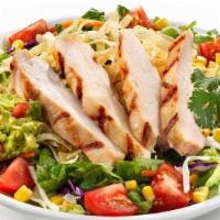Southwestern Chicken Salad · Grilled chicken served on top of spring sweet greens with Jack cheese, tomatoes, corn, guac,...