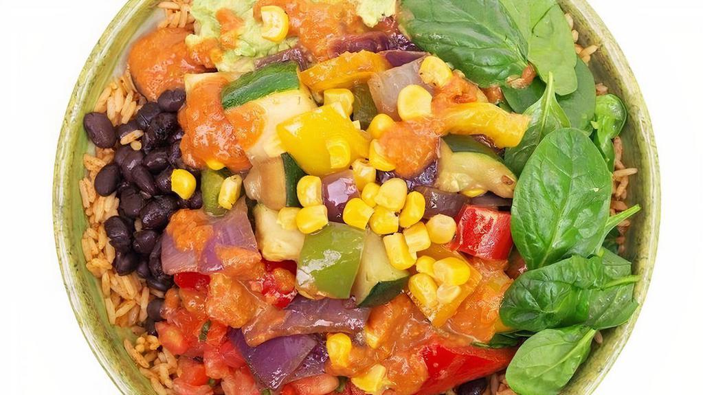 No-Meato   (Vegan Friendly) · Sauteed Farm-fresh veggies, rice, black beans, guac, Spicy Sunset sauce, spinach and salsa.