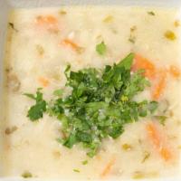 Chicken Orzo Soup · Grated chicken, carrots, celery and orzo.