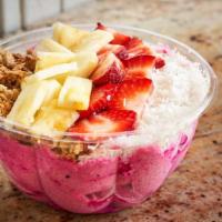 Pitaya Bowl · Mango, Pineapple, Banana and Pink Dragon Fruit Blended thick with Almond Milk and Topped wit...
