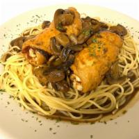 Chicken Cordon Bleu · Rolled chicken with provolone cheese and ham, with sautéed mushrooms in a marsala demi-glace...