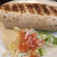 Chicken Burrito · Shredded marinated grilled chicken breast, rice, black beans, tomato, onions and Jack cheese.