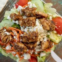 Chicken Kabob Salad · Fresh lettuce , carrot, tomato ,cucumber, green pepper, red onion, feta, marinated grilled c...