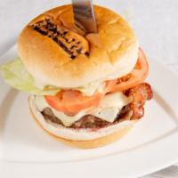 Bacon Cheese Burger
 · 8 oz of certified Angus beef, bacon, cheese, lettuce and tomatoes on a toasted bun served wi...