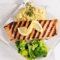 Grilled Salmon
 · Fresh grilled salmon served with rice pilaf and broccoli.
