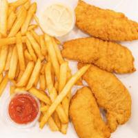 Chicken Fingers With French Fries · Served with honey mustard or BBQ sauce.
