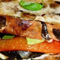 Fried Eggplant Sandwich · Spinach, roasted red peppers, smoked tomato mayo, long hot, and provolone served with fries ...