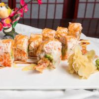 Super Soft Shell Crab Maki · Spicy. Soft shell crab tempura, avocado, cucumber, spicy mayo, soy bean paper, top with  spi...