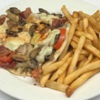 Open Faced Farmer'S Sandwich  · Zucchini, mushrooms, onions, tomato, and bacon on pita with melted swiss cheese
