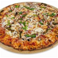 Veggie  · A fresh medley of hand-cut mushrooms, green peppers, and red onions piled on top of mozzarel...
