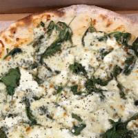 White Greek · White pizza (no red sauce) with spinach, fresh garlic, mozzarella, feta.