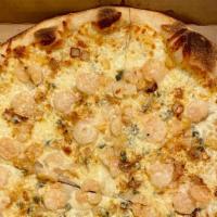 White Shrimp · White pizza (no red sauce) with mozzarella, shrimp, onions, capers, fresh garlic.
