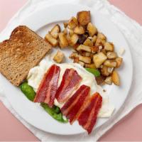 Healthy Breakfast Sandwich · Egg whites, turkey bacon, spinach, cheese sandwich with homefries.
