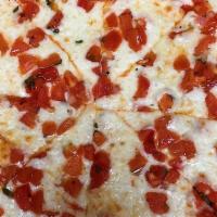 Bruschetta Pizza · Chopped tomato, onions, Mozzarella cheese, oregano, garlic and olive oil.