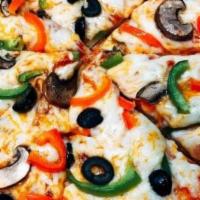 Vegetarian Delight Pizza · Green peppers, black olives, mushrooms and onions on a traditional.
