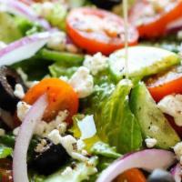 Greek Salad · Mixed greens, Feta cheese, tomatoes, cucumbers, olives, onions, carrots, sweet peppers, crou...