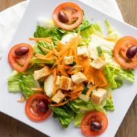 Garden Salad · Fresh Iceberg, romaine lettuce, tomatoes, cucumbers, olives, carrots, croutons. Add choice o...