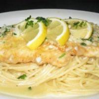 Chicken Francese · Spaghetti pasta, chicken breast, marinated chicken in egg, lemon, white wine, parsley, brocc...