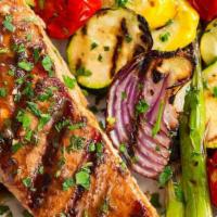 Grilled Salmon Dinner · With asparagus, potato and zucchini. Includes bread.