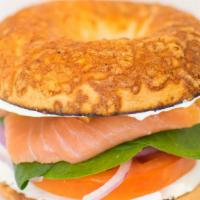 Lox  · Toasted bagel(choice) with Cream Cheese (choice), Topped with sliced smoked salmon and Red o...