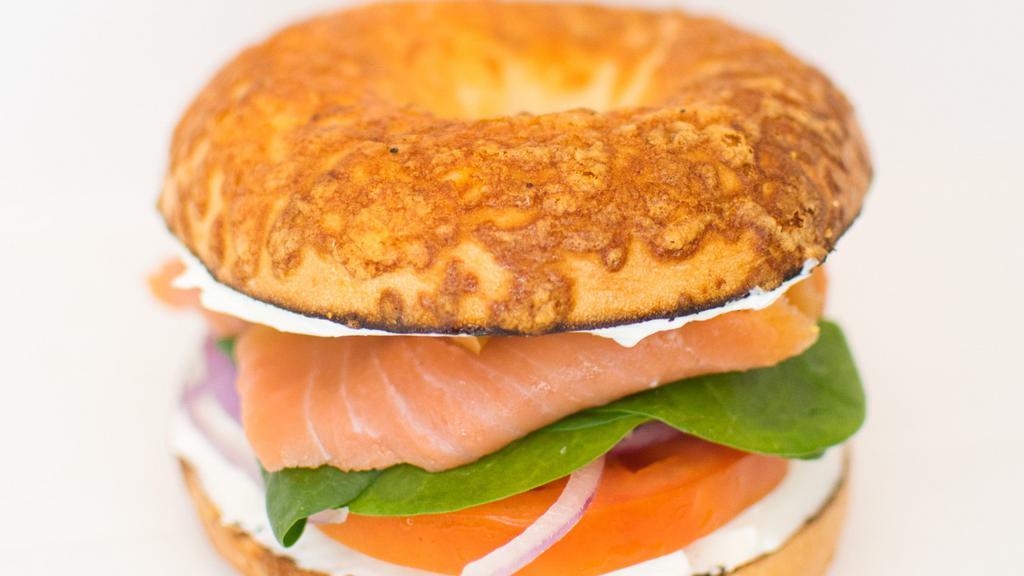 Lox  · Toasted bagel(choice) with Cream Cheese (choice), Topped with sliced smoked salmon and Red onions.