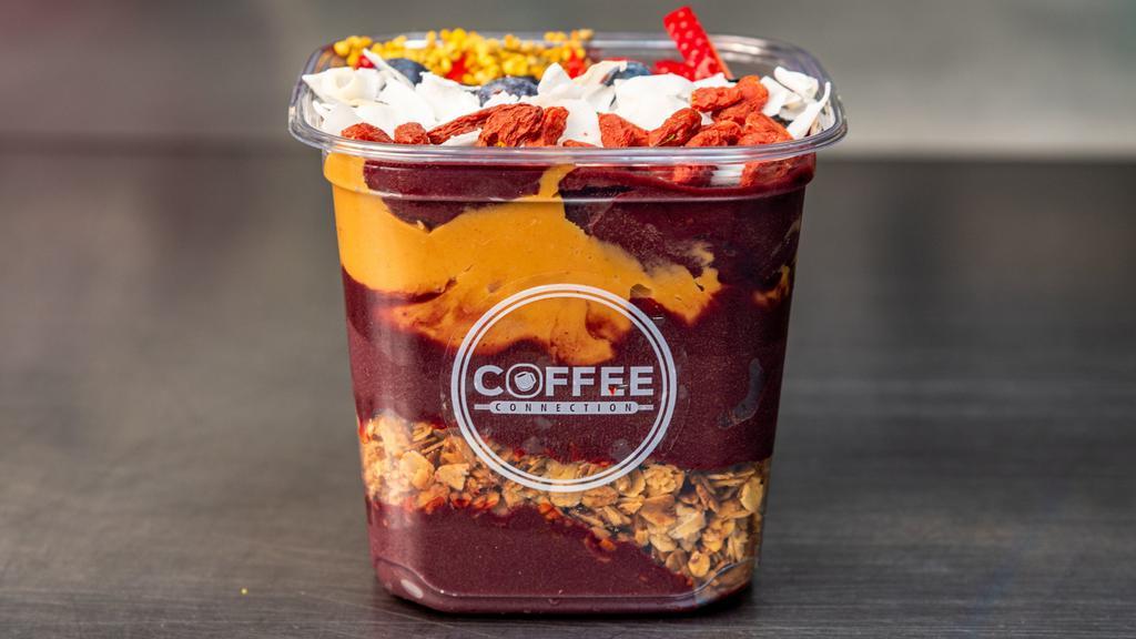 Acai #1 · Frozen organic acai puree topped with granola, fresh blueberries, fresh strawberries, fresh banana and goji berries, additional toppings available.