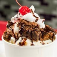Brownie Sundae · 12 oz - Our vanilla bean Ice cream with chocolate chip brownies, Ghidracardeli chocolate sau...