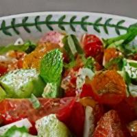 Tomato Cucumber Mint · Fresh tomato, cucumber, mint hand tossed with olive oil, fresh mint, salt, pepper and lemon ...