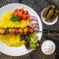 Chicken Shish Kabob Plate · Chicken cubes marinated in olive oil, onion, garlic, ginger and other Mediterranean spices a...