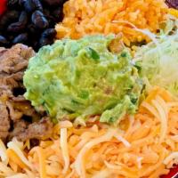 Burrito Bowl · Choice of Protein with Rice, Black Beans, Guacamole, Cheese, Lettuce and Monterey Jack Cheese
