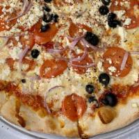 Lg  Greek Pizza · Imported Feta, Tomatoes, Red Onions and Black Olives
