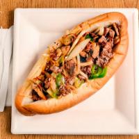 Lg Special Steak Sub · Shaved Steak Mushrooms, Peppers and Onions topped with American Cheese