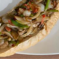 Sm Hot Vegetarian Sub · Grilled Mushrooms, Peppers, Onions, with Provolone Cheese served with Lettuce Tomatoes,Pickl...
