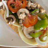 Sm Cold Vegetarian Sub · Mushroom, Peppers Onions with Provlone Cheese served with Lettuce Tomatoes, Pickles and Hots