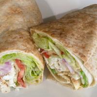 Mediteranean Chicken Wrap · Grilled Marinated Chicken, Hummus, Feta, Lettuce,Tomato, Red Onion and Olive Oil