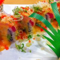Marla Roll · Yellowtail, avocado, tempura flakes topped with tuna, spicy sauce, scallions, tempura flakes...