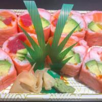 Birthday Roll · White tuna,salmon, tuna, avocado, cucumber, masago, and oshinko pickled radish, wrapped in s...
