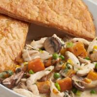Bell & Evans Roasted Chicken Pot Pie · Mushrooms, basil, roasted squash, peas,  corn, scallions, tarragon, topped with a flaky butt...