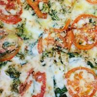 Valerias Garden Pizza · Pesto, grilled chicken, fresh garlic, fresh tomatoes, fresh baby spinach, and mozzarella che...