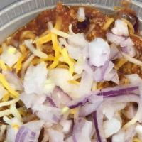 Chili · Our Home made Chili topped with Cheddar cheese & red Onion.