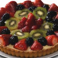 Fruit Tart (Serves 10) · Flaky Shortbread Crust filled with Custard and Topped with Fresh Fruit and Glaze.