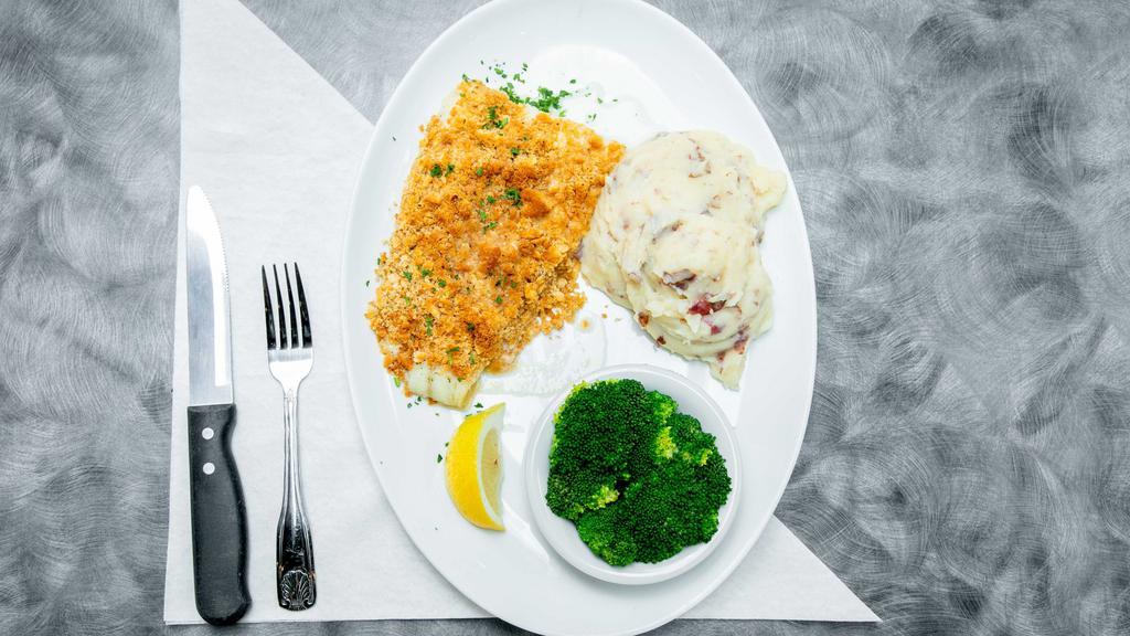 Baked Haddock Casserole · Our most popular menu item, topped with lobster bisque and bread crumbs.