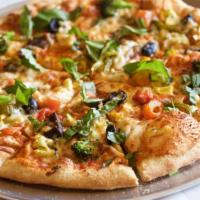 Garden Vegetable Pizza · Egg-free, spicy. Broccoli, summer squash, zucchini, onion, jalapeno, green/red pepper, fresh...