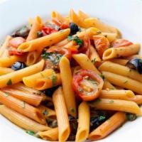 Penne Puttanesca · Egg-free. Gaeta olives, capers, garlic, spicy plum tomato sauce and fresh basil. Served with...