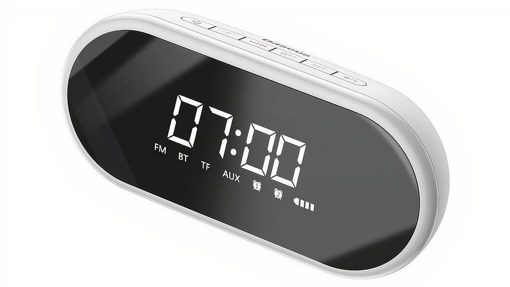 Baseus Wireless Speaker Digital Clock E09 · Multi-function mirror wireless speaker
Dual speakers
2 alarms can be set at the same time
FM radio
Elliptical shape design
Built-in night light with two brightness modes*
1500mAh high battery capacity
Supports wireless, AUX, TF card audio input
Material: ABS+Silicone
Bluetooth Version: 4.2
Standby Time: 40 Hours
Music Time: 6 Hours
Call Time: 9 Hours
Charging Time: 4 Hours
Communication Distance: 10 Meters
Battery Capacity: 1500mAh/3.7V
Frequency Response Range: 100Hz-20KHz