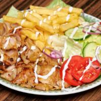 Chicken & Lamb Gyro Platter · Fresh well marinated and perfectly juicy beef layered over a bed of Basmati rice and a side ...