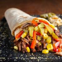 Ny Style Beef Gyro Wrap · Roasted well marinated beef with lettuce, tomato, onion and a drizzle of our fresh homemade ...