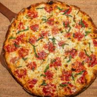 Traditional Cheese Pizza (Large) · San Marzano tomatoes and whole milk Mozzarella, with Romano cheese and fresh cut basil.